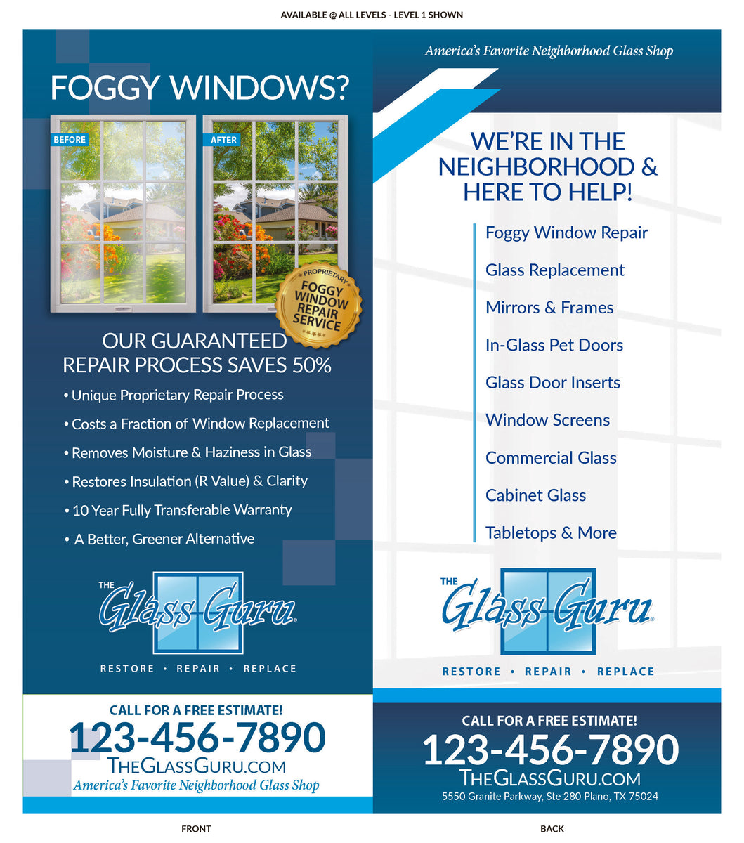 4/C Rack Card Foggy Windows [4 x 9"] 1000 or 2500 Qty The Glass Guru Franchise Store